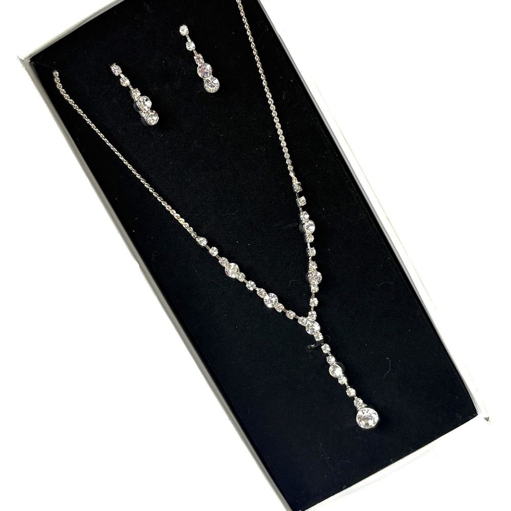 His & Hers‎ Wedding Prom Silver Crystal Necklace & Dangle Earring Set NEW